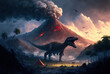 A volcano with smoke, mountains, dinosaurs, and greenery make up the prehistoric scene. of stunning dinosaurs and fossilized landscape. Generative AI