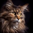  a cat with long hair looking at the camera with a black background and a black background behind it. Generative AI