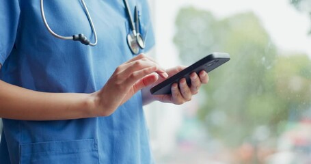 Poster - Hands of woman, phone and nurse in hospital for telehealth or online consultation. Healthcare, cellphone and physician with mobile smartphone for research, wellness app or checking medical email.