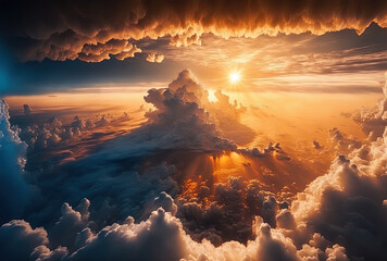 Canvas Print - View from above of a brilliantly golden sunset over white, thick clouds and a blue sky. Generative AI