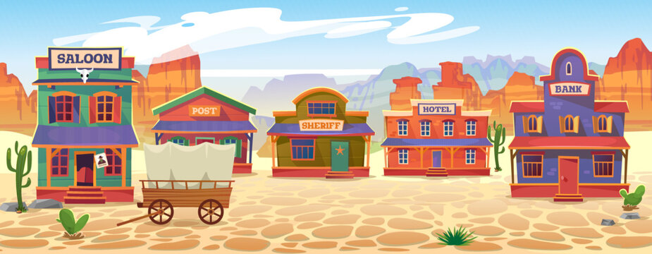 Wall Mural - Cowboy game background of a wild west town, landscape view. Vintage wooden buildings in the desert with cactus and wagon: saloon or bar, post, sheriff, hotel, bank. Cartoon style vector illustration.