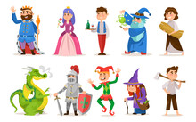 Fairytale Character Set For A Medieval Game Isolated On White Background. King, Queen, Sorcerer, Peasant, Dragon, Knight, Jester, Witch, And Main Boy Character. Cartoon Style Vector Illustration.