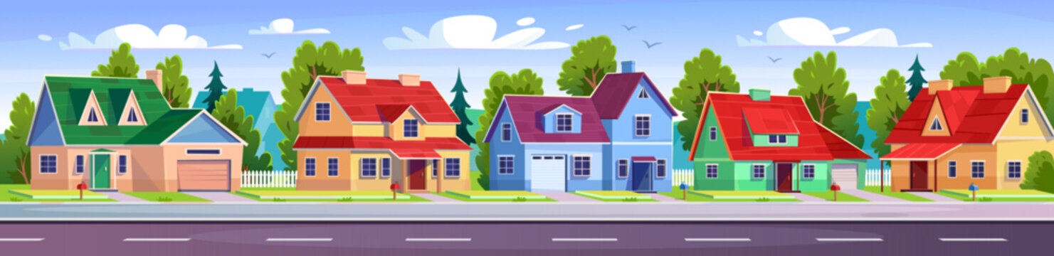 Wall Mural - A row of residential houses on a suburban street near the road. Landscape view of a city neighborhood. House with a yard, a lawn and a garden. Cartoon style real estate. Vector illustration.