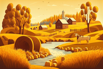 Sticker - Rural setting with hay stacks, a meadow, a field with a bridge across a river, and farm buildings. scenery, the parallax effect backdrop of the fall landscape in yellow, illustration of a carto