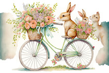 Happy Easter Bunnies And A Vintage Bike With A Flower Filled Basket. Watercolor Painting Created By Hand. Generative AI