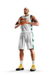 Basketball player holding the ball. Professional basketball player standing in white background