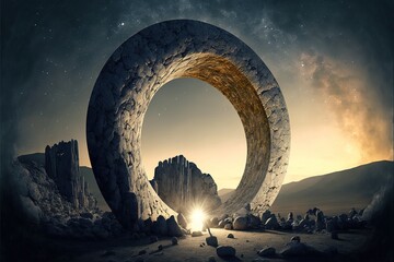 Stone round portal to another world. Stone ring, arch, circle in the mountains, a place of energy power. Fantasy landscape. AI