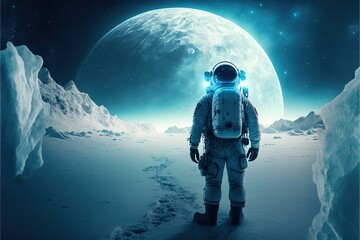Wall Mural - Astronaut on a cold snowy planet. Winter snowy landscape of Antarctica with a view of the planets. The astronaut looks into the cold future. AI