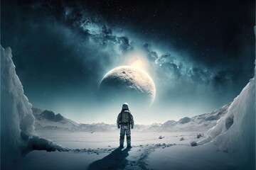 astronaut on a cold snowy planet. winter snowy landscape of antarctica with a view of the planets. t