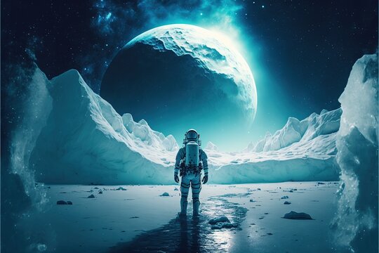 Astronaut on a cold snowy planet. Winter snowy landscape of Antarctica with a view of the planets. The astronaut looks into the cold future. AI