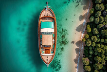 Luxury Boat With Wooden Deck Anchored In Bay Of Exotic Tropical Island With Turquoise Water In Aerial Drone Top Down View. Generative AI