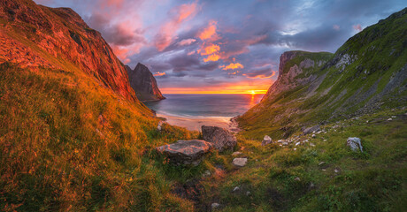 Wall Mural - beautiful sunset at kvalvika beach on the lofoten islands in norway