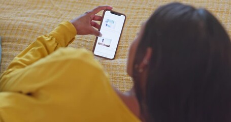Poster - online shopping, phone and hands of woman with website on screen scrolling, browsing and search onli