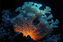 Underwater World, Corals In The Depths Of The Ocean. Sea Flowers, Underwater Deep Flora And Fauna. Colorful Neon Corals. AI