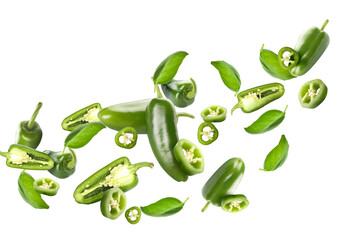 Canvas Print - Flying green jalapeno peppers and fresh basil leaves on white background