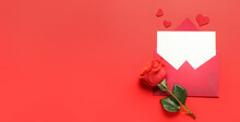 Blank Letter, Rose And Hearts On Red Background With Space For Text. Valentine's Day Celebration