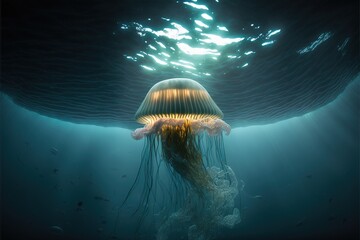 Sea jellyfish on the wave. Underwater world, floating jellyfish in the depths of the ocean. AI