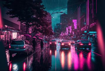 Canvas Print - Japan Sapporo, Hokkaido June 08, 2018 Sapporo city at night, with rain and water reflecting off the road, and people strolling and driving cars. Cyberpunk pink and blue light. Generative AI