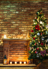 Wall Mural - Beautiful decorated fireplace, wooden mantelpiece with lights, handmade eco wood ornaments, candles and lantern, Christmas tree to the side, selective focus