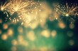 A festive New Year's Eve scene featuring gold and green fireworks set against a bokeh background. The abstract background adds to the holiday atmosphere, while the colorful fireworks. Generative AI