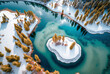 aerial picture of the wintertime scenery in the Chinese region of Xinjiang's Kanas Lake. Generative AI
