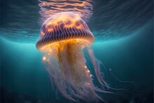 Sea Jellyfish On The Wave Of The Ocean. Beautiful, Light, Colorful Jellyfish, Neon. Decoration Of The Underwater World. Sunbeams Through The Water. AI
