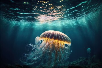 Sea jellyfish on the wave of the ocean. Beautiful, light, colorful jellyfish, neon. Decoration of the underwater world. Sunbeams through the water. AI