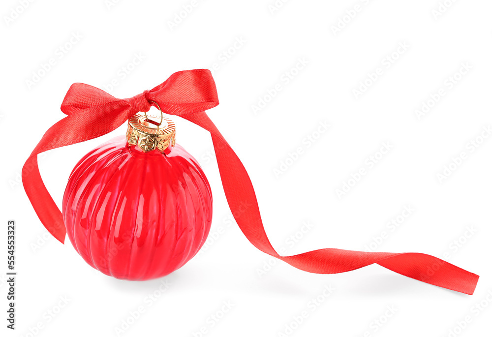 Red Christmas ball with bow on white background