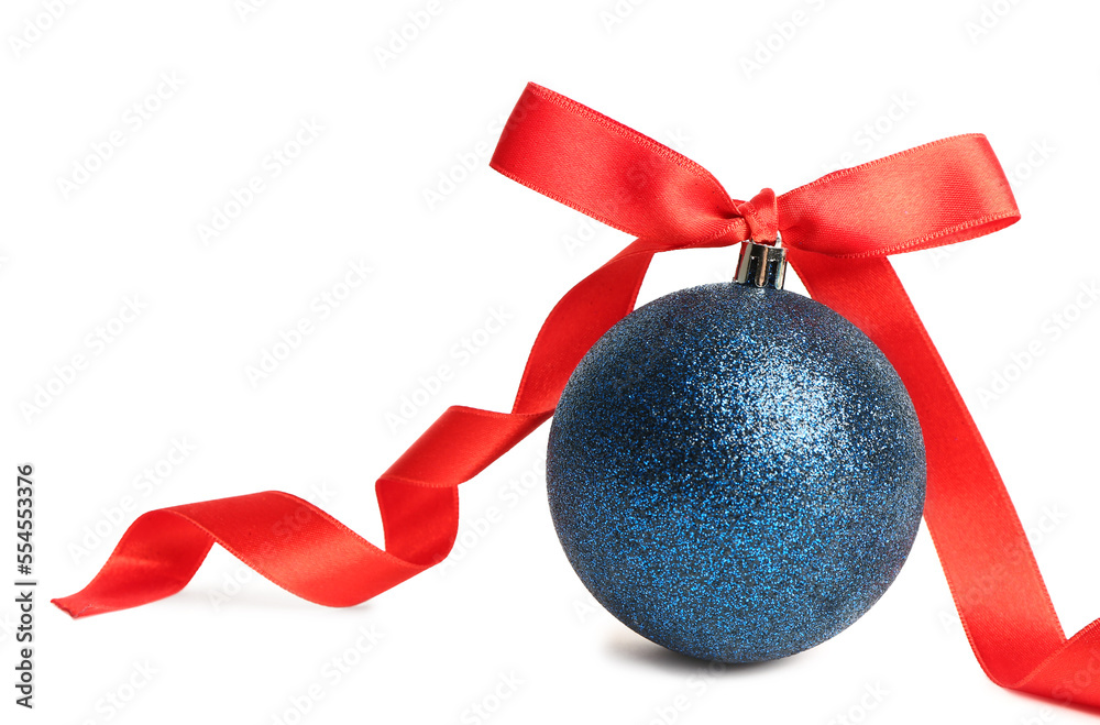 Blue Christmas ball with bow on white background