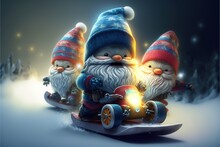 A Cheerful Company Of Dwarfs Ride A Snowboard In A Winter Mountain Forest. Winter Skiing And Recreation. AI