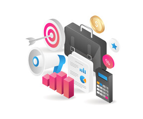 Poster - Flat isometric 3d illustration business development analysis campaign