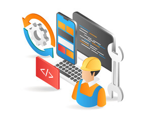 Flat isometric 3d illustration of a web application designer and maintainer