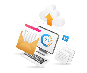 Poster - Flat isometric 3d illustration process of sending data to cloud server