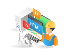 Poster - Flat isometric 3d illustration programmer web application developer and maintainer