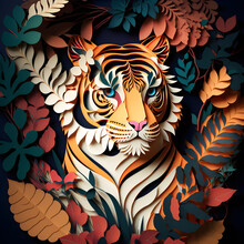 Paper Cut Craft Art Illustration Of A Tiger. Leaves Ornate. Frontal View. Generative AI.