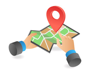 Poster - Isometric flat 3d illustration concept of hand holding and pointing location map app
