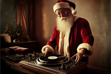 Santa Claus playing music as a DJ on Christmas night - Generative AI