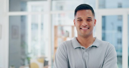 Poster - Businessman in office, face and career success, smile and happy in company headshot, leadership and vision. Leader, professional portrait and startup executive with job satisfaction and workplace.