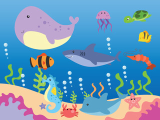 Wall Mural - marine life with fishes cartoon