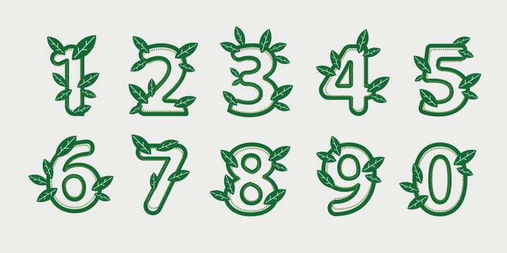 Numbers from zero to nine green with plant leaves. Sustainability and for plant lovers flat design outline and dotted version