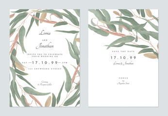 Wall Mural - Foliage wedding invitation card template design, eucalyptus leaves on white