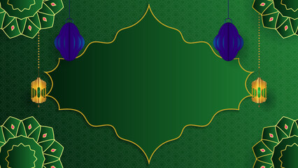 Ramadan background design with green and gold islamic decoration for greeting card. Vector illustration