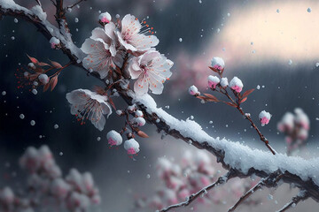 Beautiful white and red plum blossoms in the winter season, flower and the snow realistic graphic design, wallpaper, background