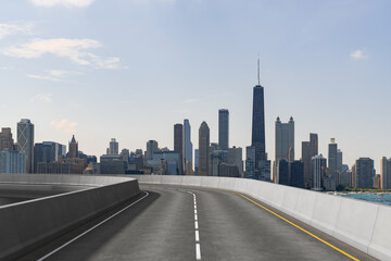 Empty urban asphalt road exterior with city buildings background. New modern highway concrete construction. Concept of way to success. Transportation logistic industry fast delivery. Chicago. USA.