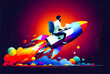 Rocket Office Desk Worker blast off marketing and sales graphics trichromatic color scheme for graphic designers copy space room for print
