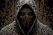 computer hacker made of 1000 diodes ransomware cyber security threat malware virus bad guy criminal technology inspired binary art illustration with room for print / copy space