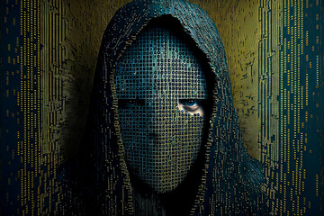 Wall Mural - computer hacker made of 1000 diodes ransomware cyber security threat malware virus bad guy criminal technology inspired binary art illustration with room for print / copy space