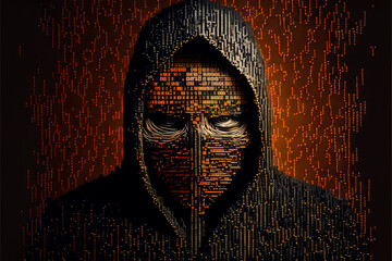 computer hacker made of 1000 diodes ransomware cyber security threat malware virus bad guy criminal technology inspired binary art illustration with room for print / copy space
