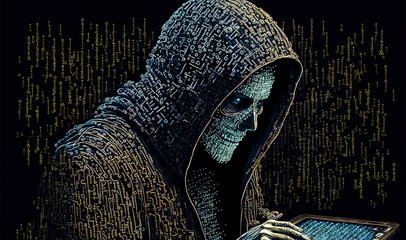 computer hacker made of 1000 diodes ransomware cyber security threat malware virus bad guy criminal technology inspired binary art illustration with room for print / copy space