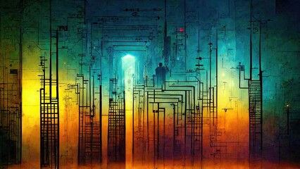 Rainbow technicolor mechanical structure, futuristic abstract CPU circuit global network atmosphere Sci-fi chic cyberpunk graphic elements generated by Ai